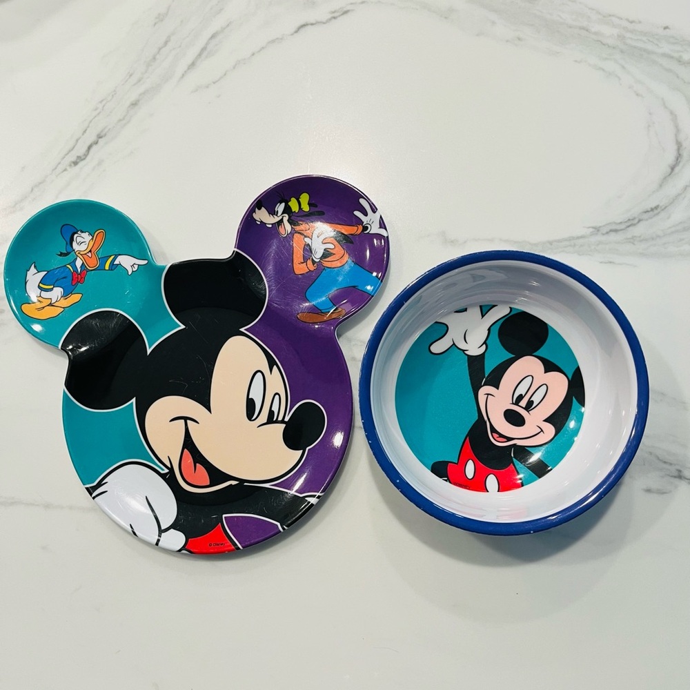 VINTAGE Mickey Mouse Donald Duck Goofy Child Plate & Bowl Set rare collectible